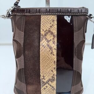Coach Signature Jacquard Suede Snakeskin Patent Crossbody Bag F06W-10266 Brown